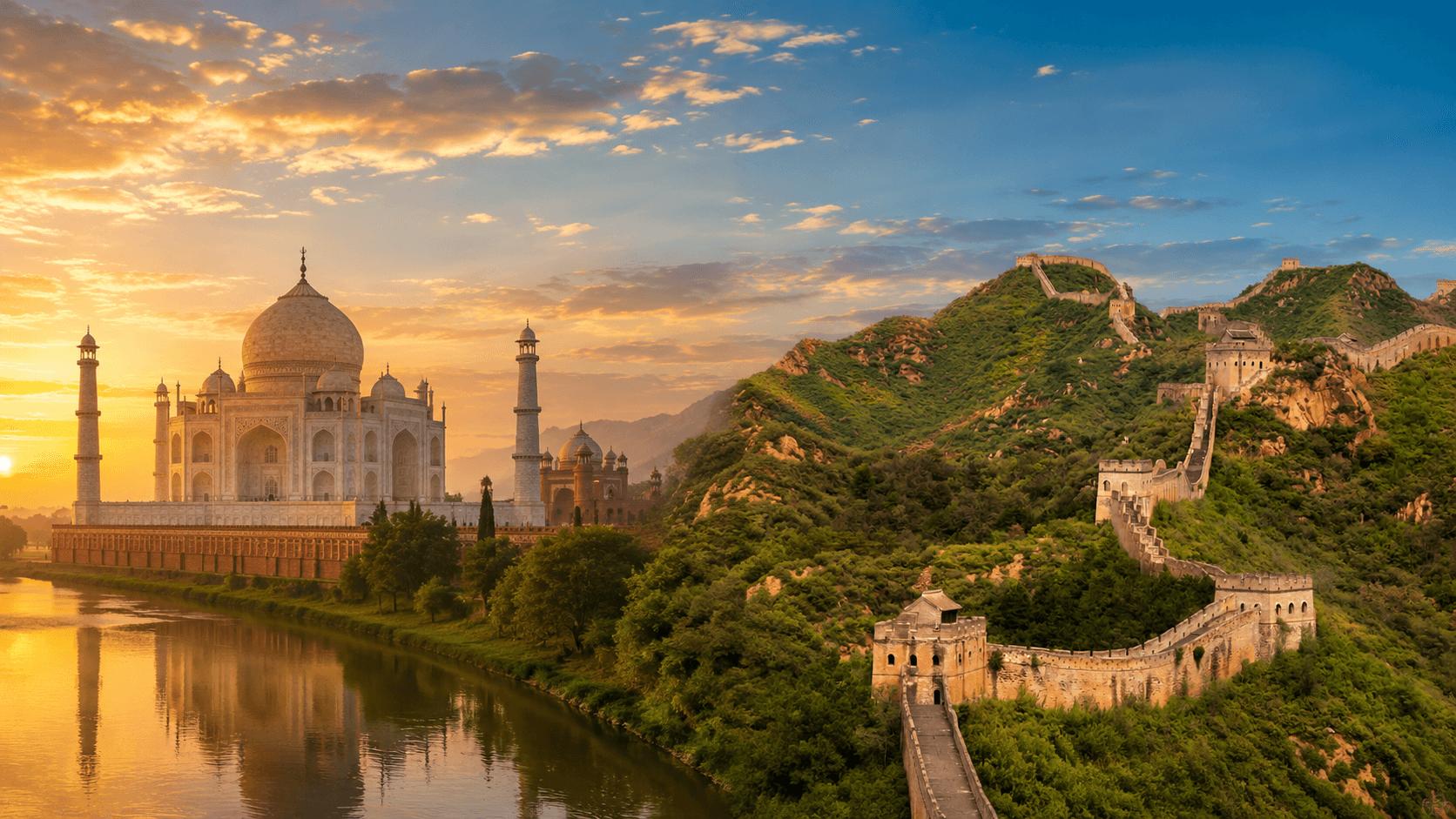 The Taj Mahal and the Great Wall of China at sunrise